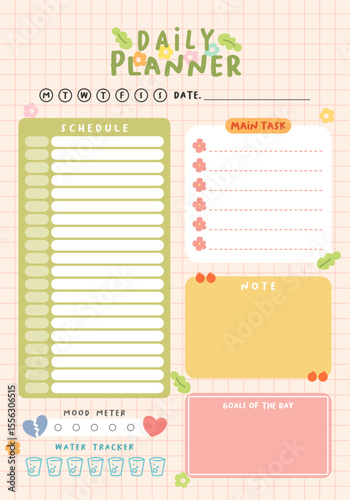 a page of daily planner template design with mood and water tracker