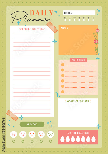 cute hand drawn daily planner with notes and mood tracker design page