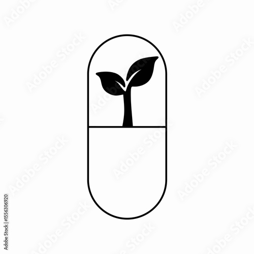 Simple graphic of a pill capsule containing a seedling.