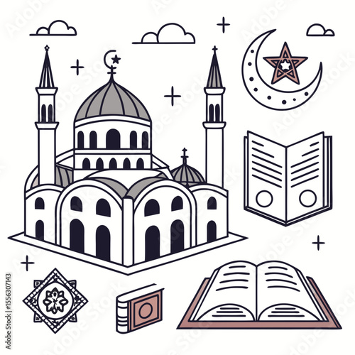 Religion Themed Vector Illustration – Cultural and Spiritual Symbols for Educational and Faith-Based Use