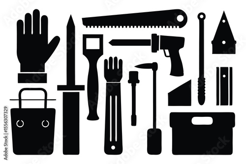 Black Silhouette Set of Six Woodworking Tools and Accessories