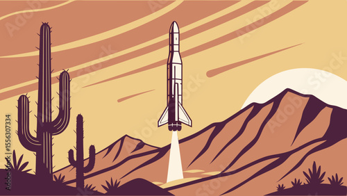 Epic Rocket Launch at Desert Sunrise: Spacecraft Liftoff in Arid Terrain