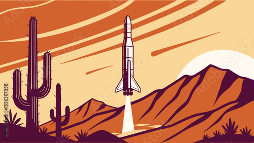 Epic Desert Rocket Launch – Spacecraft Ascent at Sunset