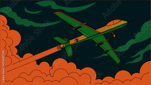 Futuristic Green Drone Soaring Through Vibrant Orange Cloudscape