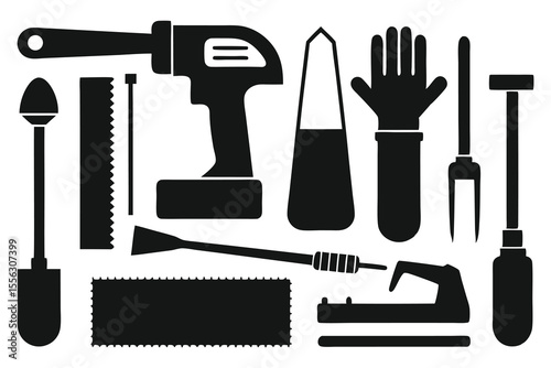 Black Silhouette Set Six Woodworking Tools Hand Drill Trowel