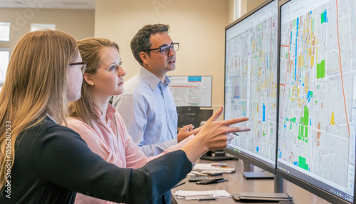 Urban planners analyzing cadastral map on computer screens