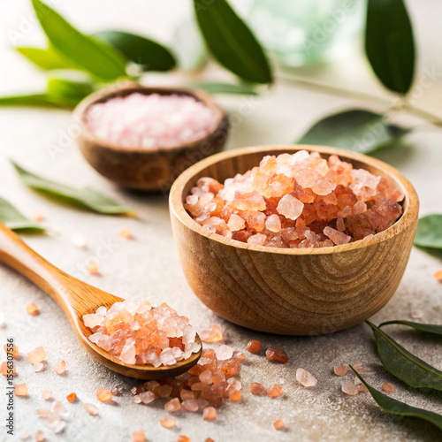 Himalayan Pink Salt in Wooden Bowls and Spoon, Spa Setting with Green Leaves isolated on white background