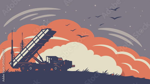 Mobile Missile Defense System Silhouette at Sunset Sky