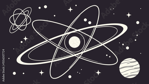 Atomic and Cosmic Fusion Illustration: Visualizing Particles, Planets, and Nebulae