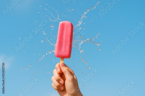 Refreshing Pink Popsicle Splashing Water on a Sunny Day Summer Treat