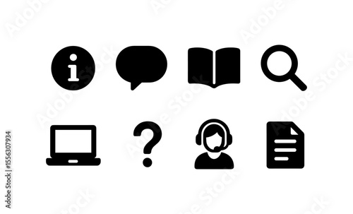Information and communication icon set: info, chat, book, search, laptop, question, headset, document