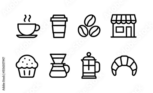 Outline icons of coffee, cafe, and pastry elements: cups, beans, shop, and treats