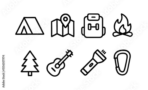 Minimalist camping icon set featuring tent, backpack, map, guitar, fire, tree, flashlight, and carabiner
