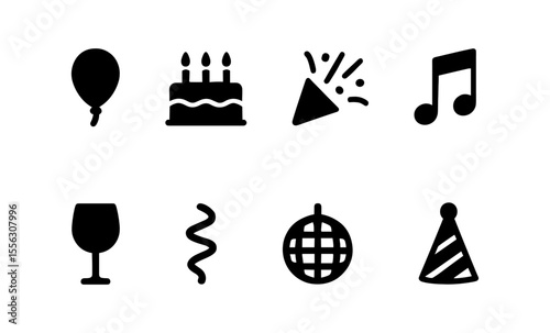 Celebratory icons collection: balloon, cake, party popper, music note, wine glass, streamer, disco ball, party hat