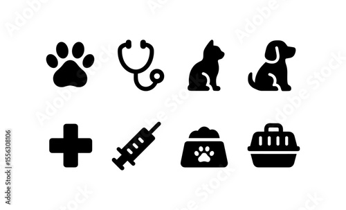 Pet care icon set: paws, animals, and veterinary symbols for health and safety