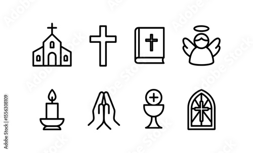 Religious icons: church, cross, bible, angel, candle, prayer, eucharist, stained glass