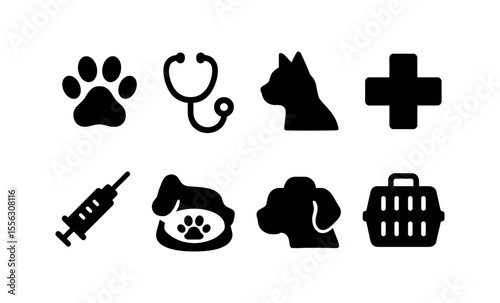 Pet care icons set: veterinary, dog, cat, medical equipment, and animal transport symbols