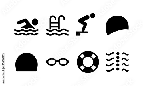 Swimming icons: set of aquatic sports symbols including swimmer, pool, and accessories