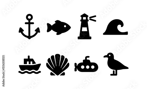 Nautical icons set: anchor, fish, lighthouse, wave, boat, shell, submarine, seagull