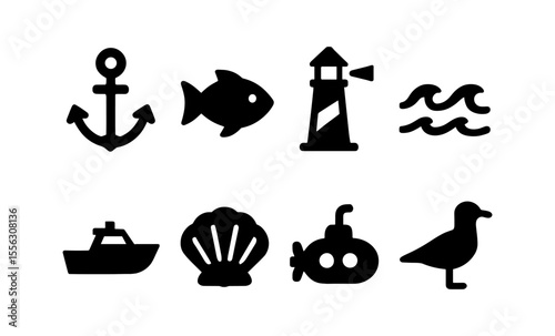 Nautical icons set featuring anchor, fish, lighthouse, waves, boat, shell, submarine, and seagull