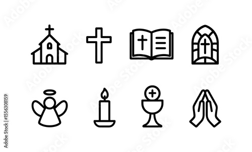 Minimalistic christian icons: church, cross, bible, stained glass, angel, candle, chalice, praying hands