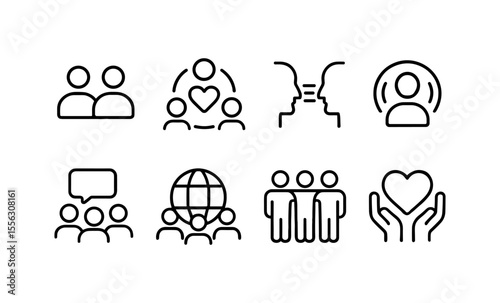 Community and connection icons: people interaction, heart, communication, unity, support symbols