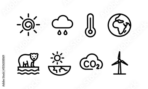 Climate change icons: renewable energy, global warming, and environmental impact symbols
