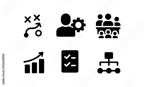 Icon set representing teamwork, strategy, growth, and management concepts