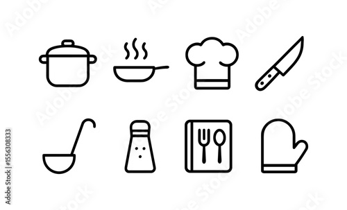 Minimalist kitchen icons set featuring cookware, utensils, and chef hat