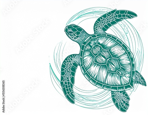 Fine line tattoo style nautical sea turtle in circle with seafoam green hues and muted contrast