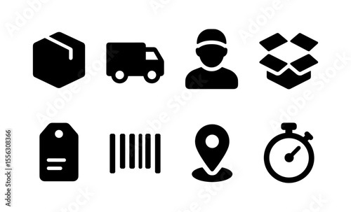 Essential shipping and delivery icons: box, truck, courier, barcode, and more