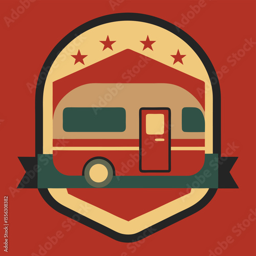 A Retro Style Camping Trailer Badge with Stars and a Ribbon