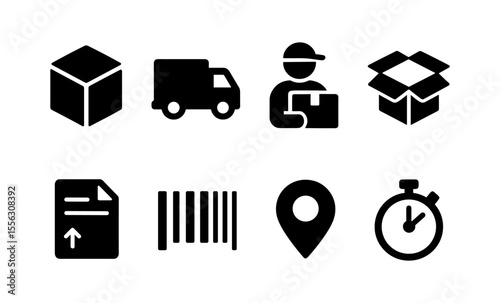 Essential delivery icons for shipping and logistics: package, truck, barcode, and more