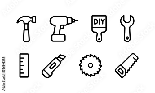 Icon set of essential diy tools: hammer, drill, paintbrush, wrench, and more for home projects