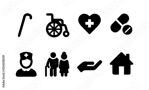 Elderly care symbols set featuring wheelchair, heart health, medicine, nurse, and home icons