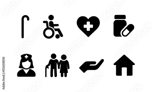 Set of healthcare and elderly care icons: wheelchair, heart, medicine, nurse, elderly couple, assistance