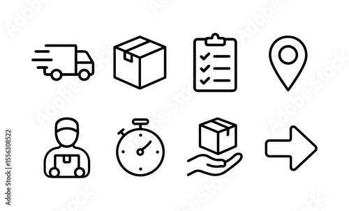 Delivery icons: truck, box, checklist, locator, courier, timer, package, arrow