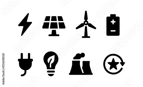 Set of energy icons including solar panel, wind turbine, and electric plug symbols