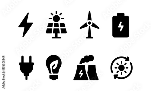 Renewable energy icons set featuring solar, wind, battery, and recycling symbols