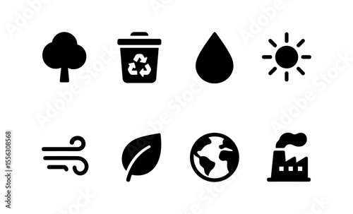Environmental icon set representing nature, recycling, water, and renewable energy concepts