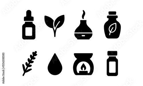 Aromatherapy icons featuring essential oils, diffusers, and nature elements