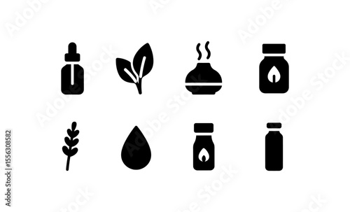 Essential oil icons: dropper, leaf, diffuser, jar, lavender, and aroma concepts