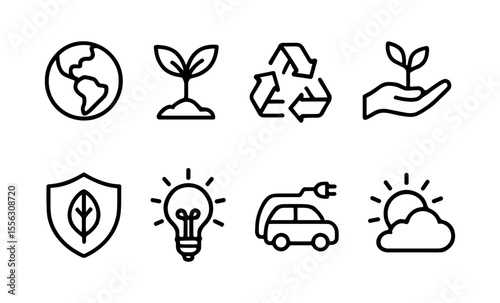 Eco-friendly icons: sustainability, recycling, renewable energy, and environmental symbols