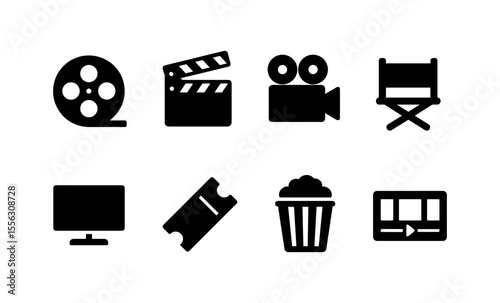 Classic movie icons set featuring film reel, clapperboard, camera, and cinema chair