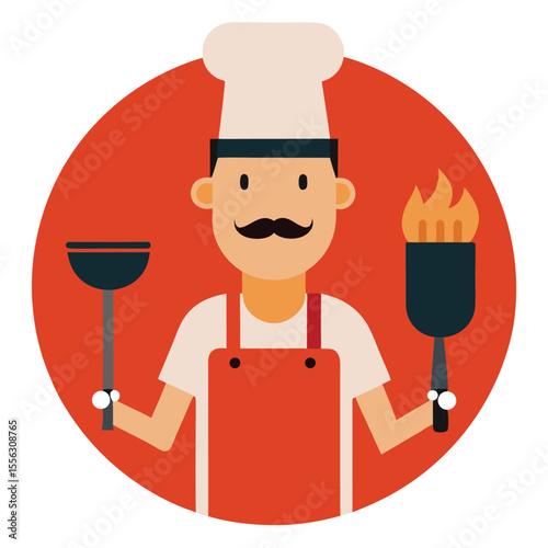 A Male Chef with a Mustache Holding Cooking Utensils in a Red Circle