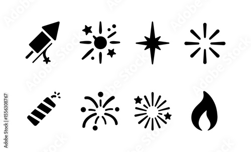 Set of firework and flame icons for celebration and festive design