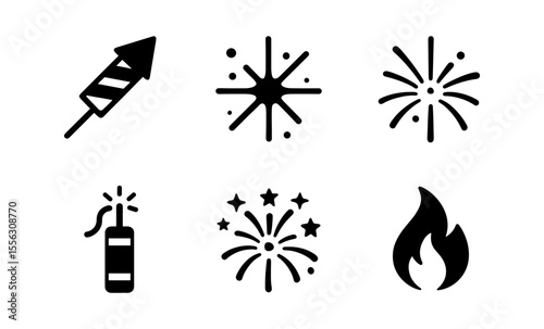 Collection of firework and fire icons in simple black and white design