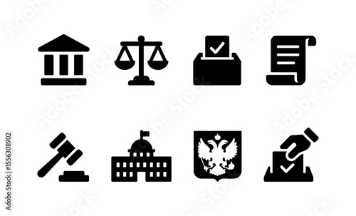 Legal and government icons set featuring court, justice, voting, and legislative symbols