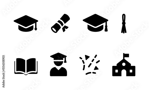 Education icons: graduation cap, diploma, book, school, and celebration symbols