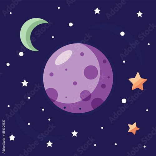 A Whimsical Night Sky with a Purple Moon Crescent and Stars